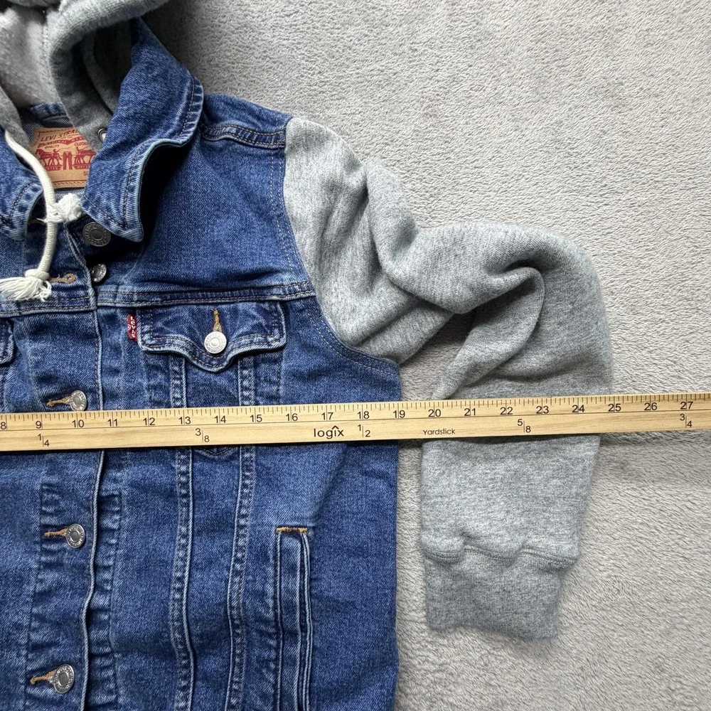 Levi's‎ Jacket Youth Large Blue Denim Hooded Varsity Trucker Sweatshirt Sleeves